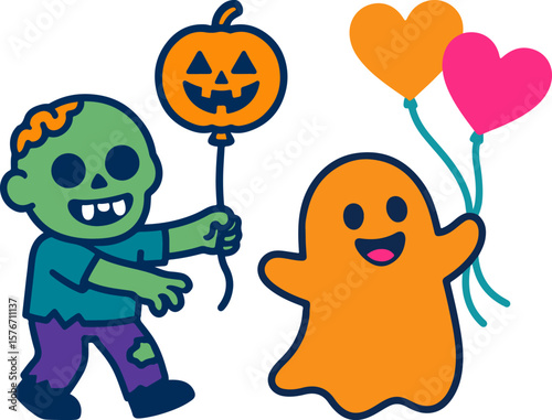 Happy Halloween cartoon ghost characters set for fun children's party design