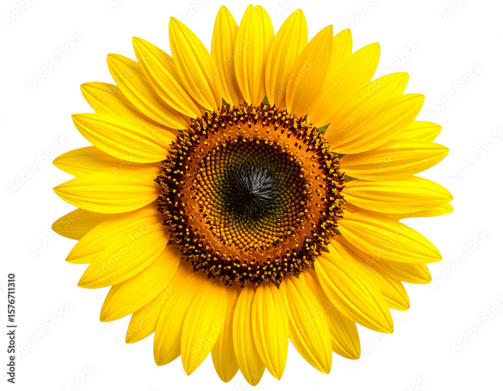 Fototapeta premium Top-Down View of Sunflower Head with Detailed Petals and Seeds isolated on transparent background PNG