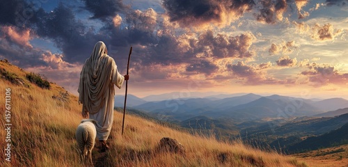 Jesus with a shepherd’s staff walking across hills at sunset