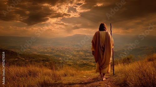 Jesus with a shepherd’s staff walking across hills at sunset