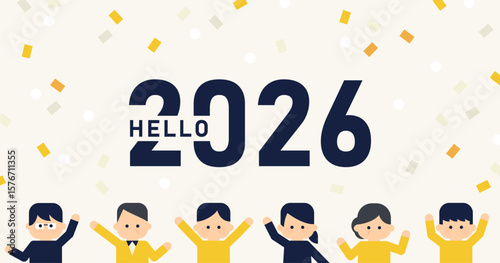 HELLO 2026と人物のイラスト・新年の紙吹雪背景 | デフォルメ ベクター素材 アイキャッチ