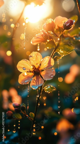Delicate Flower with Sparkling Water Droplets Glowing in Warm Sunlight Nature Close Up