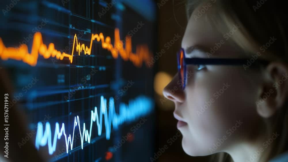 Young researcher analyzes data screen, showcasing intricate graphs and vibrant metrics with focus, curiosity, and determination technology driven