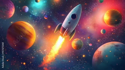 Fototapeta Naklejka Na Ścianę i Meble -  A cartoon style rocket ship traveling through outer space