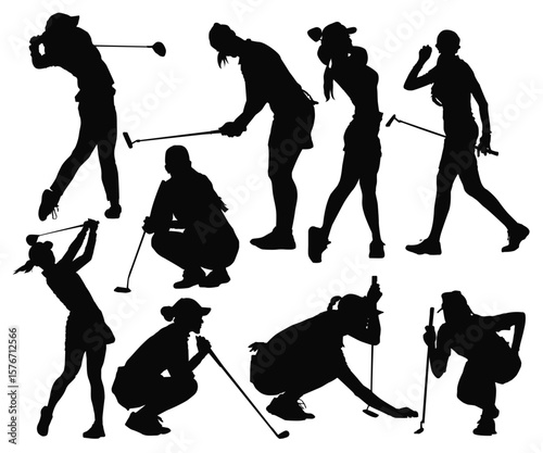 Female golfers silhouette collection. Golf, Golfing Woman Golfer Swing Golf Ball, Vintage Collection Vector Hand-Drawn Illustration Set. A set of golfer sports people playing golf in various poses.