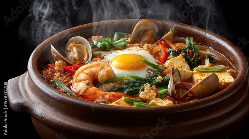 Delicious and Bubbling Soft Tofu Stew in Earthenware Pot