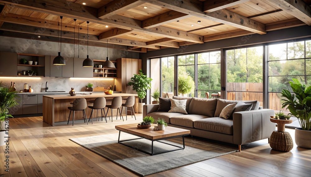 Naklejka premium Cozy Modern Home Interior Wooden Kitchen with Living Room, and Nature View.
