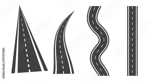 Wavy winding curves roads and horizontal path. Straight and winding roads template. Vector in flat style, journey and path for driving and traveling Wavy winding curves roads and horizontal path. 