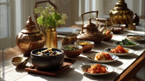 Modern Korean Brunch Table with Traditional Elements in Sunlit Room
