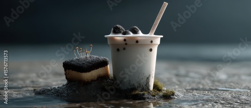 Floating milkshake with mold layers on natural surface