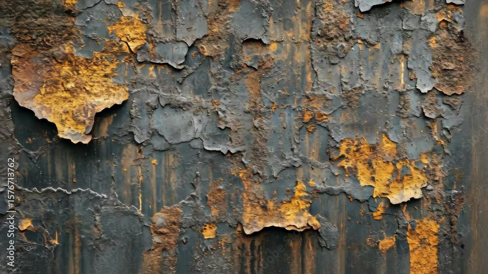 Close-up of weathered, peeling paint on a textured wall showcasing rust and decay