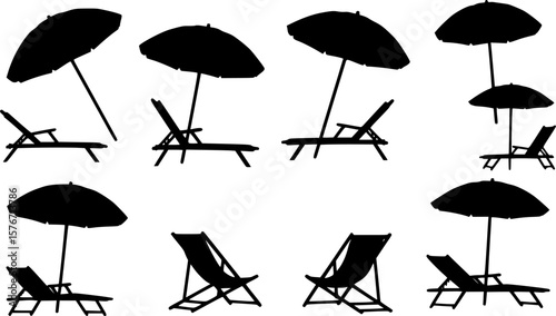 Beach chair silhouette vector, Beach umbrella and chair icon vector illustration
