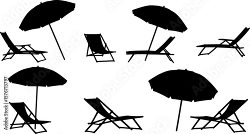 Beach chair silhouette vector, Beach umbrella and chair icon vector illustration
