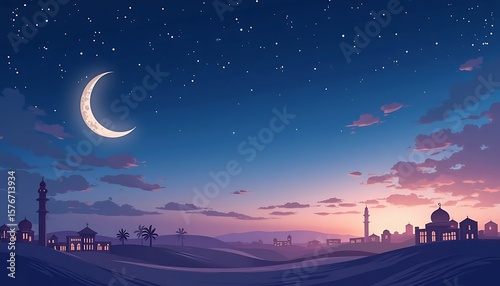 Crescent Moon Over Purple Night Sky with Silhouetted Buildings and Stars