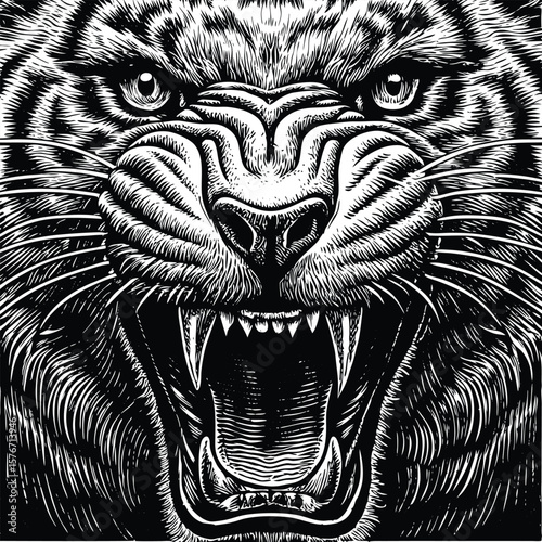 Close-up black and white illustration of a tiger's head, showing its fierce expression and detailed fur texture