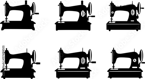 A Silhouette Pattern of Six Vintage Sewing Machines on a White Background
