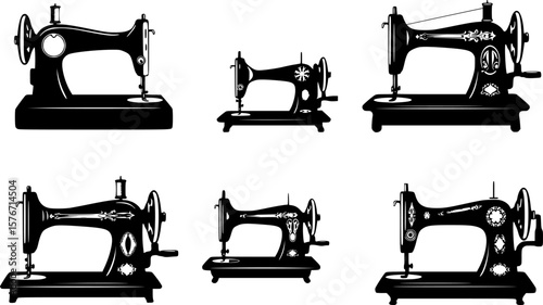 A Silhouette Pattern of Six Vintage Sewing Machines on a White Background
