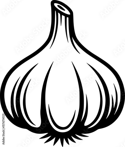 Bold black and white vector illustration of a garlic bulb, ready for cooking
