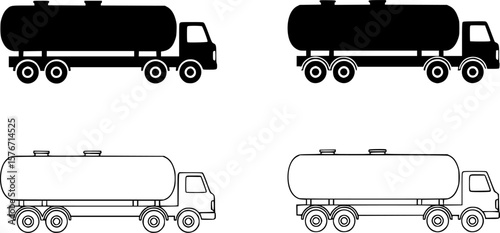 Tanker Truck Vector Icon Set, Four vector icons of tanker trucks in outline style, ideal for transportation, logistics, fuel, or industrial-themed designs.