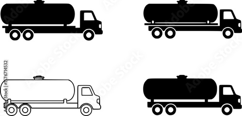 Tanker Truck Vector Icon Set, Four vector icons of tanker trucks in outline style, ideal for transportation, logistics, fuel, or industrial-themed designs.