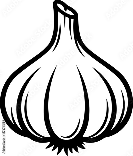 Bold black and white vector illustration of a garlic bulb, ready for cooking

