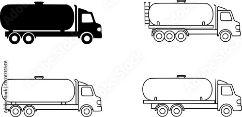 Tanker Truck Vector Icon Set, Four vector icons of tanker trucks in outline style, ideal for transportation, logistics, fuel, or industrial-themed designs.
