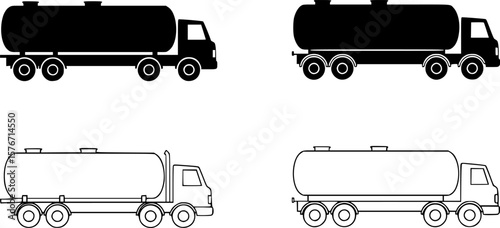 Tanker Truck Vector Icon Set, Four vector icons of tanker trucks in outline style, ideal for transportation, logistics, fuel, or industrial-themed designs.