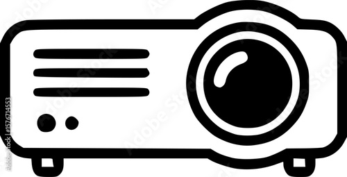 Minimalist Multimedia Projector Icon, Black and white outline icon of a multimedia projector, symbolizing modern presentation technology and video projection systems. 