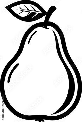 Elegant black and white pear illustration with a single leaf detail
