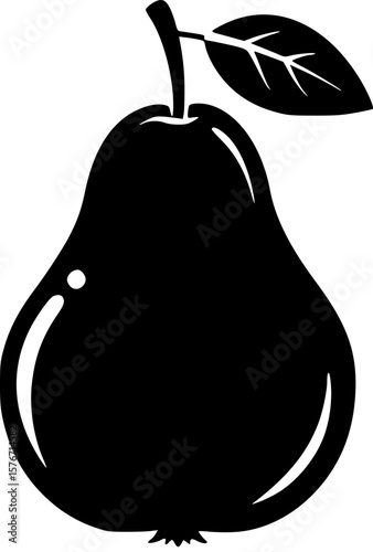 Elegant black and white pear illustration with a single leaf detail

