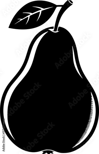 Elegant black and white pear illustration with a single leaf detail
