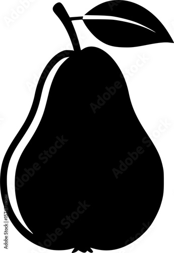 Elegant black and white pear illustration with a single leaf detail
