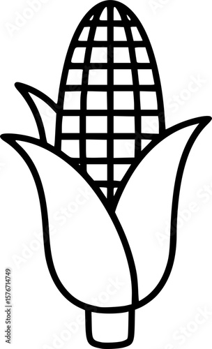 Stylized black and white illustration of an ear of corn with husks
