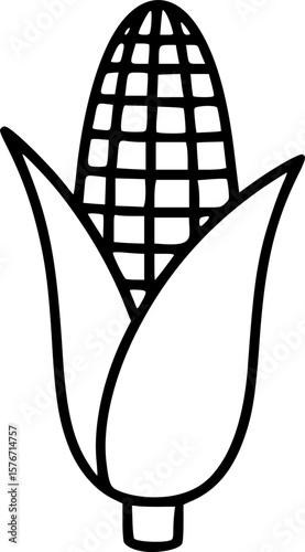 Stylized black and white illustration of an ear of corn with husks
