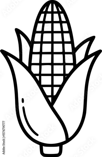 Stylized black and white illustration of an ear of corn with husks
