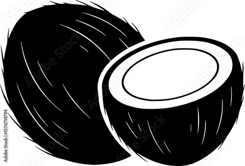 Black and White Coconut Half Silhouette Illustration in Simple Style
