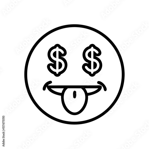 A vector-based emoji expresses money-eyed happiness with dollar sign symbols, playfully sticking out its tongue against a clean background. This cheerful expression conveys wealth, prosperity.
