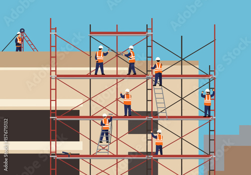 Construction Workers on Scaffolding Building and Progress in Action with Skilled Labor