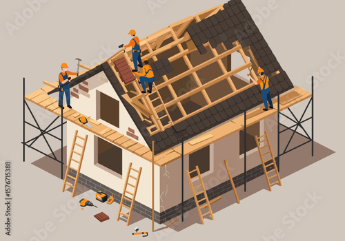 Isometric Illustration Construction Crew Builds a New Home, A Foundation of Home Construction