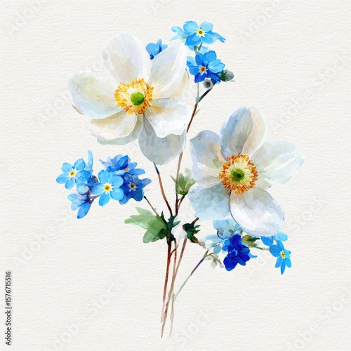 Watercolor painting of white flowers and blue forget-me-nots