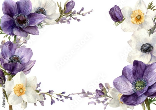 Watercolor floral frame with purple anemones and white daffodils