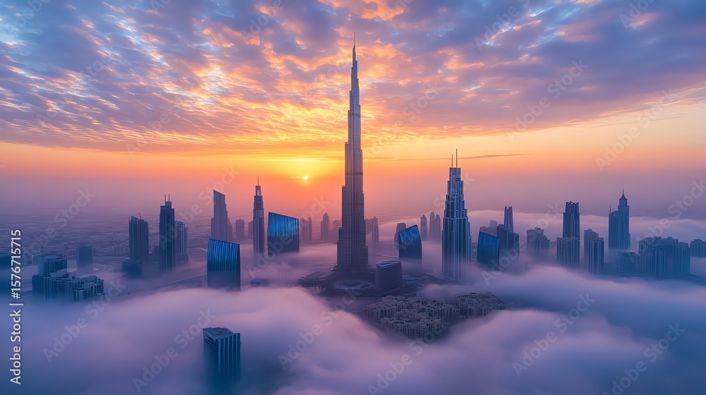 Obraz premium Dubai Skyline at Sunrise Emerging from the Fog
