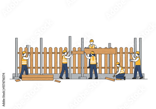 Construction Crew Building a Fence Teamwork in Action for Yard Privacy