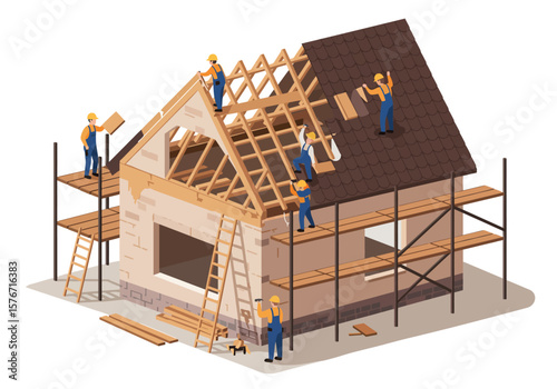 Construction Crew Building a New House Residential Construction Site Illustration and Home Building Process