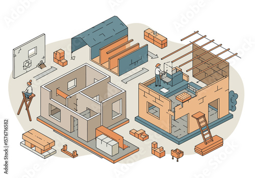 Isometric illustration showcasing the modern house construction process, from prefabricated modular panels to the final architectural build. A concept of development and engineering.