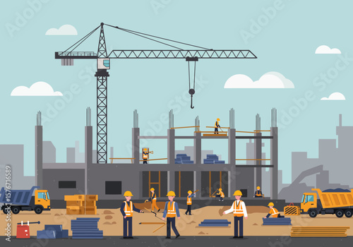 Construction workers build a large structure with a crane and trucks on a city skyline background.