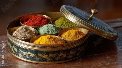 Traditional Brass Spice Box with Open Compartments and Spices