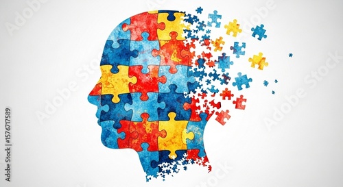 A puzzle piece head symbolizes cognitive decline isolated on white background