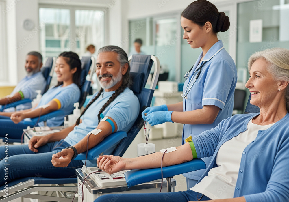 Fototapeta premium Diverse people donating blood in a medical setting, supported by a healthcare professional.