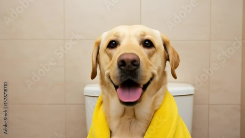 A Happy Dog In A Yellow Bathrobe Sitting On A Toilet